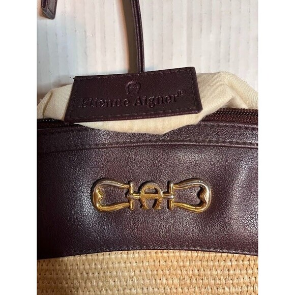 Etienne Aigner Crossbody Handbag Straw Vinyl Trim Zipper Close Boho Chic Classic - Picture 3 of 8